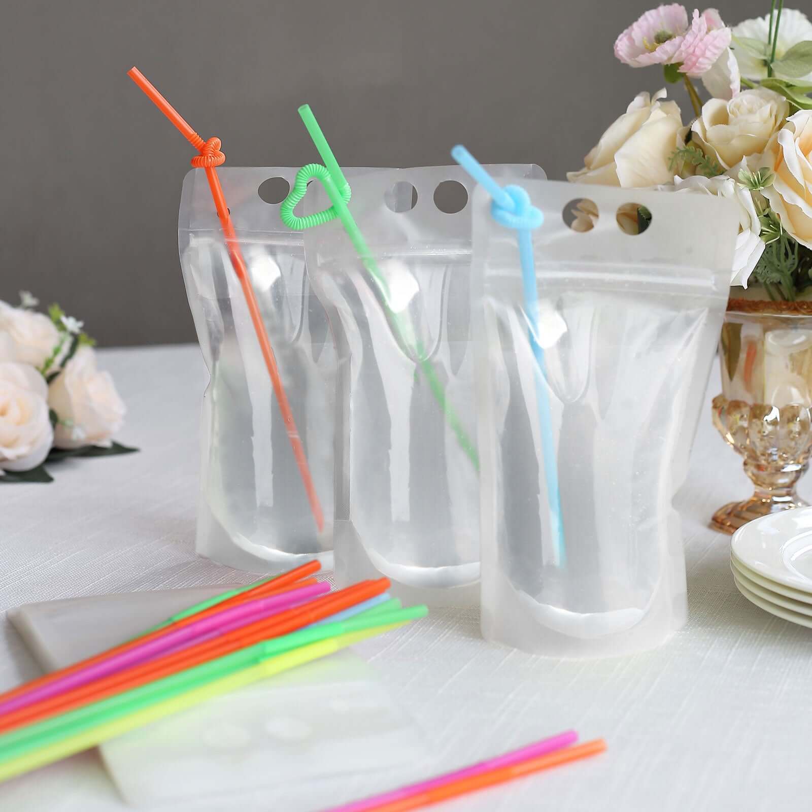 50-Pack Plastic Drink Pouches 12oz Clear with Straws and Zipper - Pack of 50 Pouches